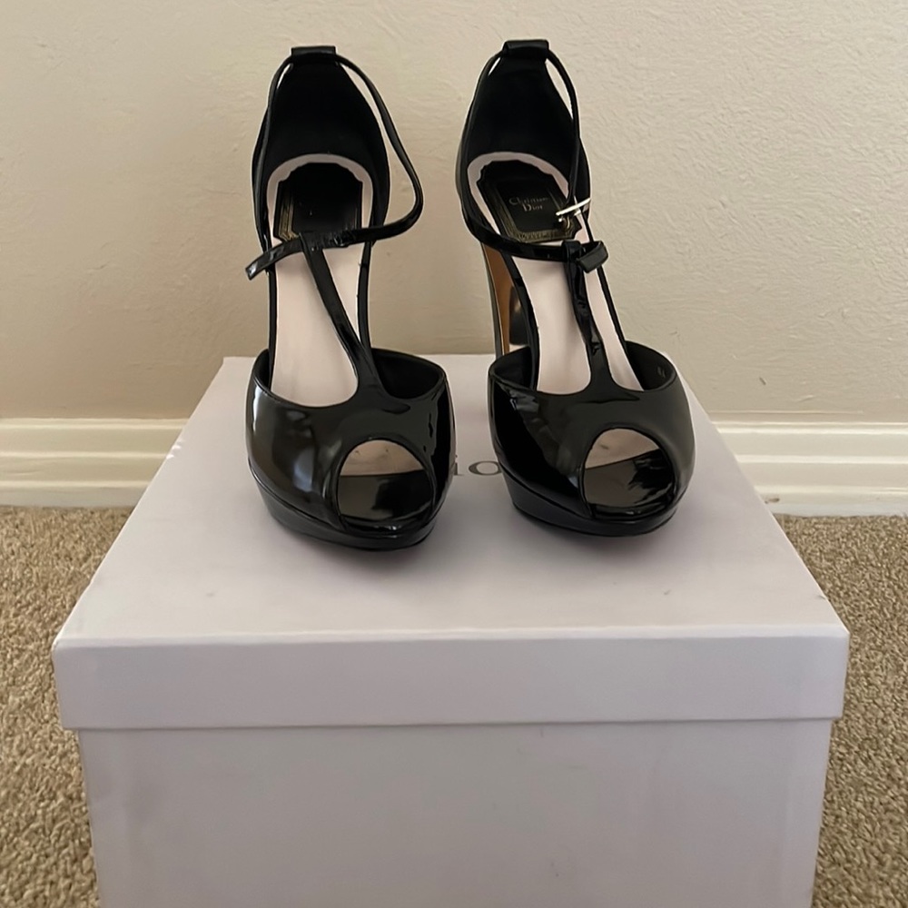 Miss Dior II Peep Toe Black Patent Leather Heels 35.5